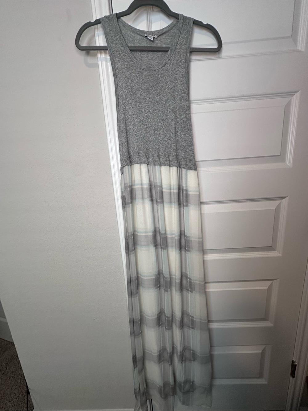 Splendid Sleeveless Grey Tank Top Maxi Dress with Sheer Plaid Skirt